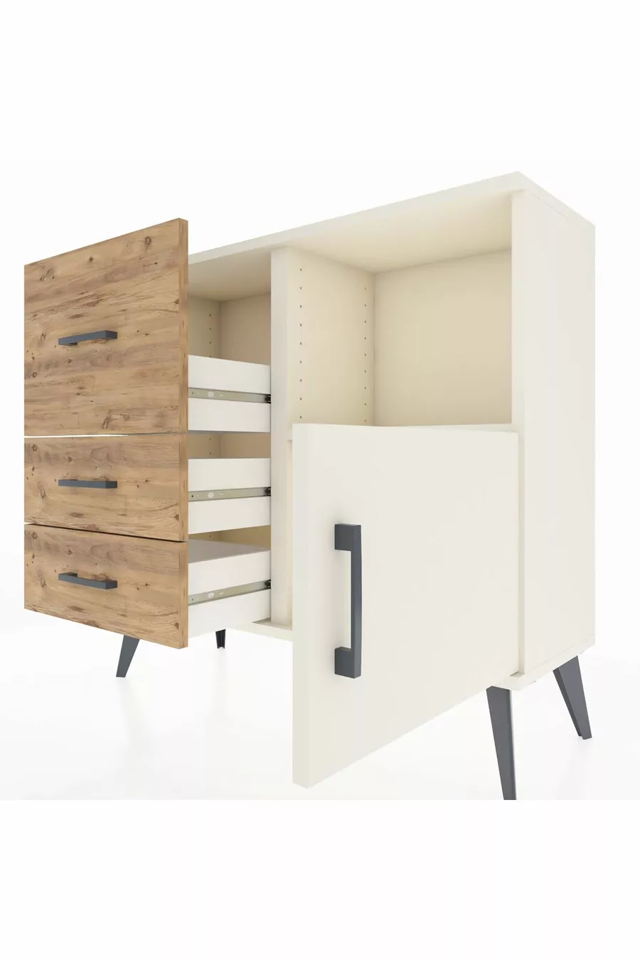 Commode Arges avec une seule étagère, 3 tiroirs et une porte, couleur Pierre de Lune/Pin