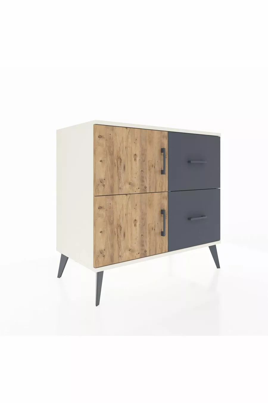 Commode Hyperion à une étagère, 2 tiroirs, 2 portes, Pierre de Lune-Pin/Anthracite
