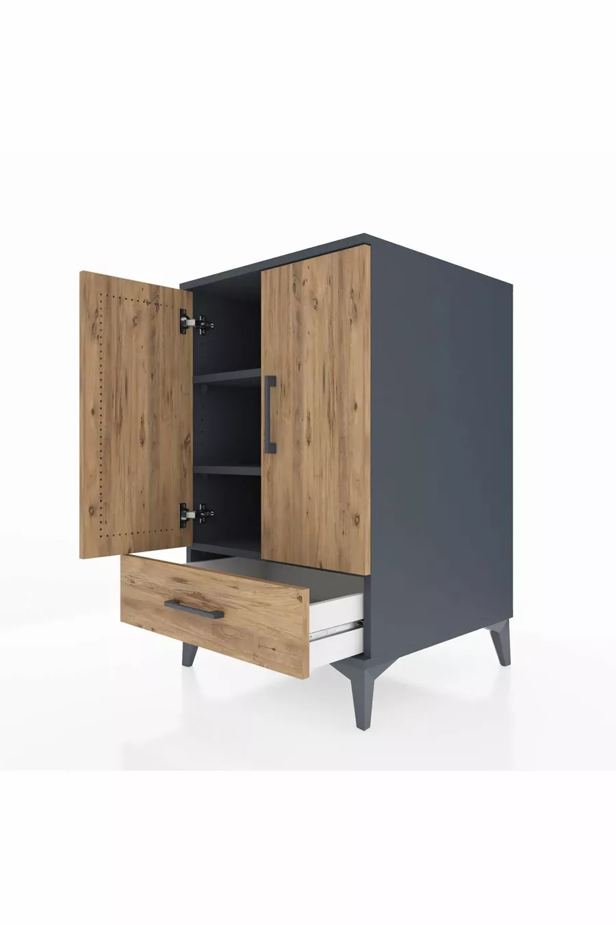 Table de chevet Kronos avec 3 étagères, 1 tiroir et 2 portes, Anthracite-Sapin