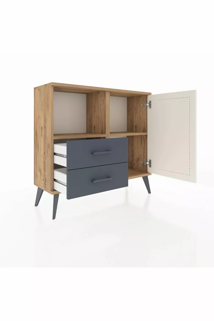 خزانة أرجس برافين 2 رف و2 درج وباب واحد من خشب الصنوبر - رمادي داكن/رملي