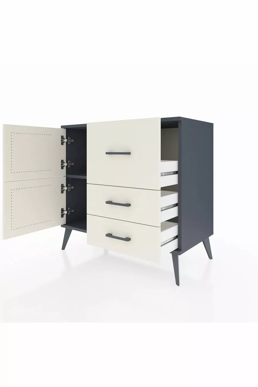 Commode Hyperion à une étagère, 3 tiroirs et 2 portes, Anthracite-Pierres de lune