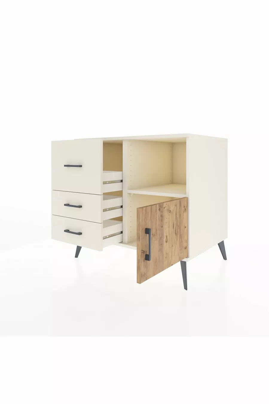 Commode Kronos à une étagère, 3 tiroirs et une porte, Pierre de Lune-Sapin/Pierre de Lune