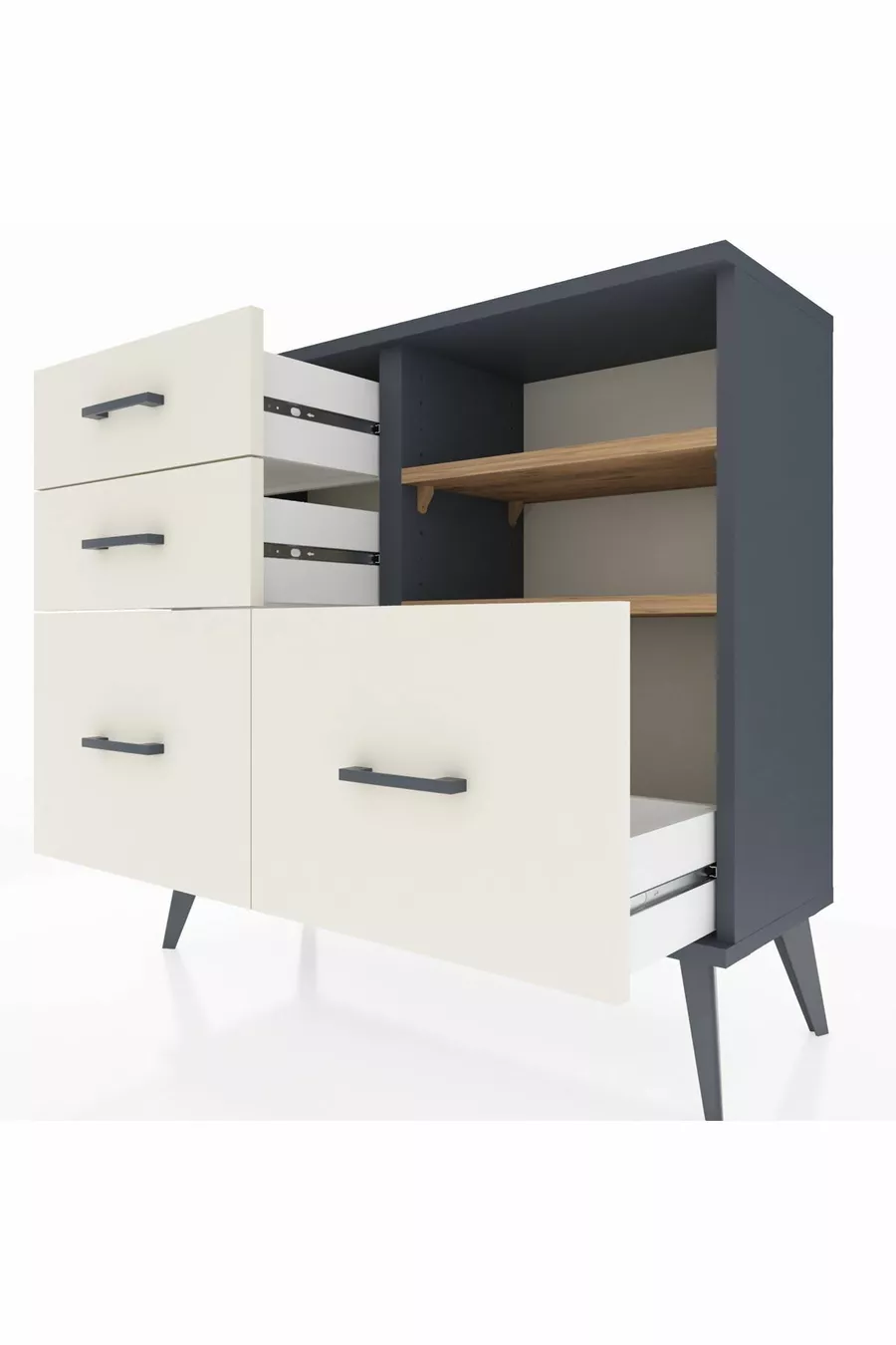 Comò Arges con 2 Ripiani e 4 Cassetti Antracite-Pino/Pietra di Luna