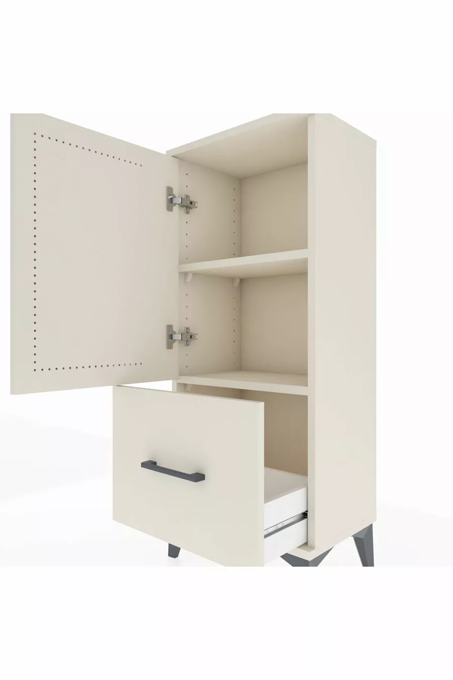 Table de chevet Arges avec 2 étagères, 1 tiroir et 1 porte, couleur Oeil-de-pierre