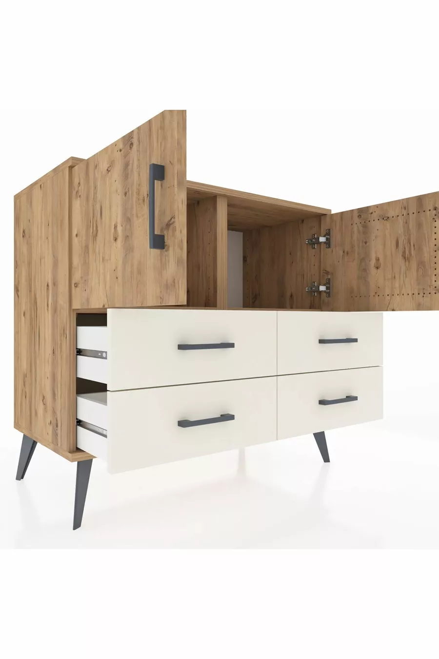 Commode Hyperion avec 2 étagères, 4 tiroirs, 2 portes, en pin-pin/aventurine