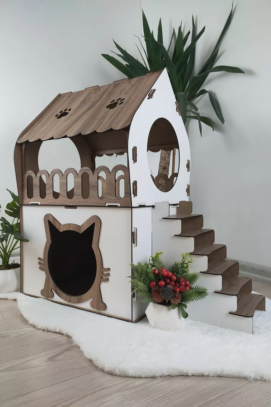 Maison pour chat avec terrasse Maison pour chat duplex à 2 étages Lit pour chat Cage pour chat