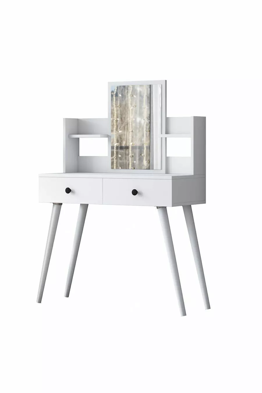 Rani Coiffeuse avec 2 tiroirs, étagères et miroir, organiseur de bijoux, blanc