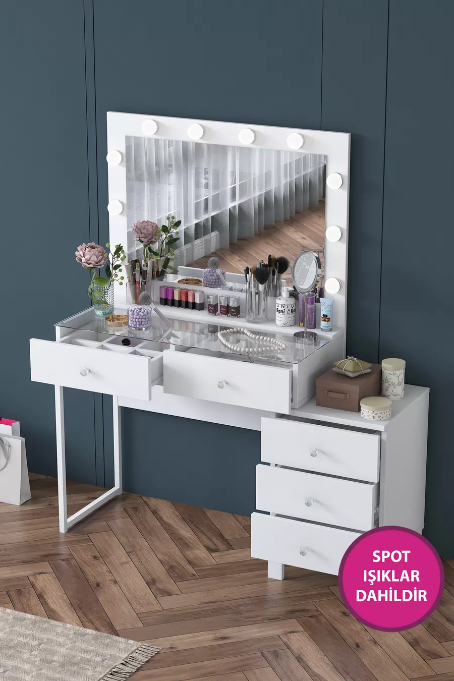 Rani Tavolo da Trucco con Specchio e Luci in Stile Hollywood con 5 Cassetti Organizzatore di Gioielli Bianco