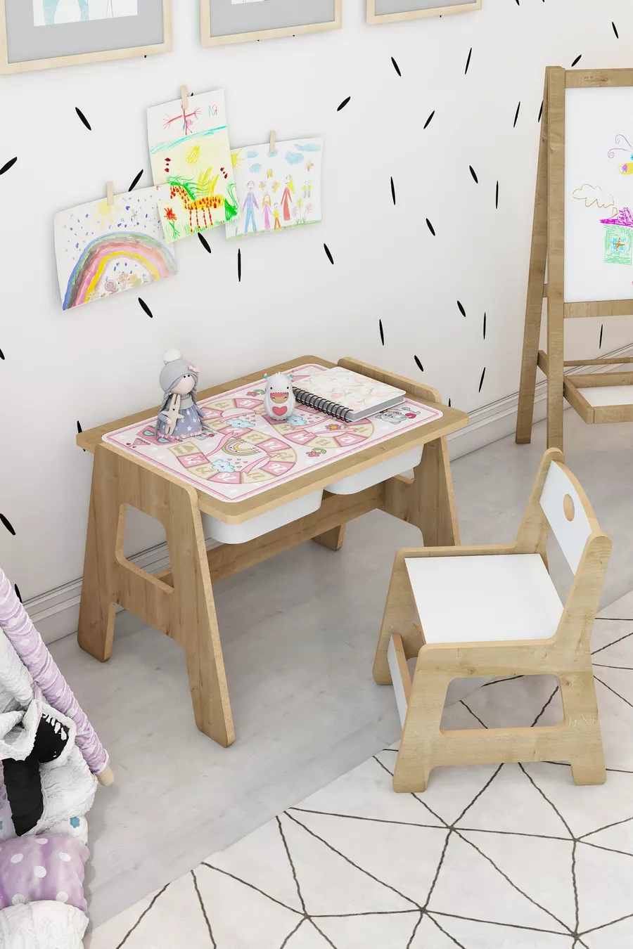 Ensemble table et chaises d'activité en bois Montessori