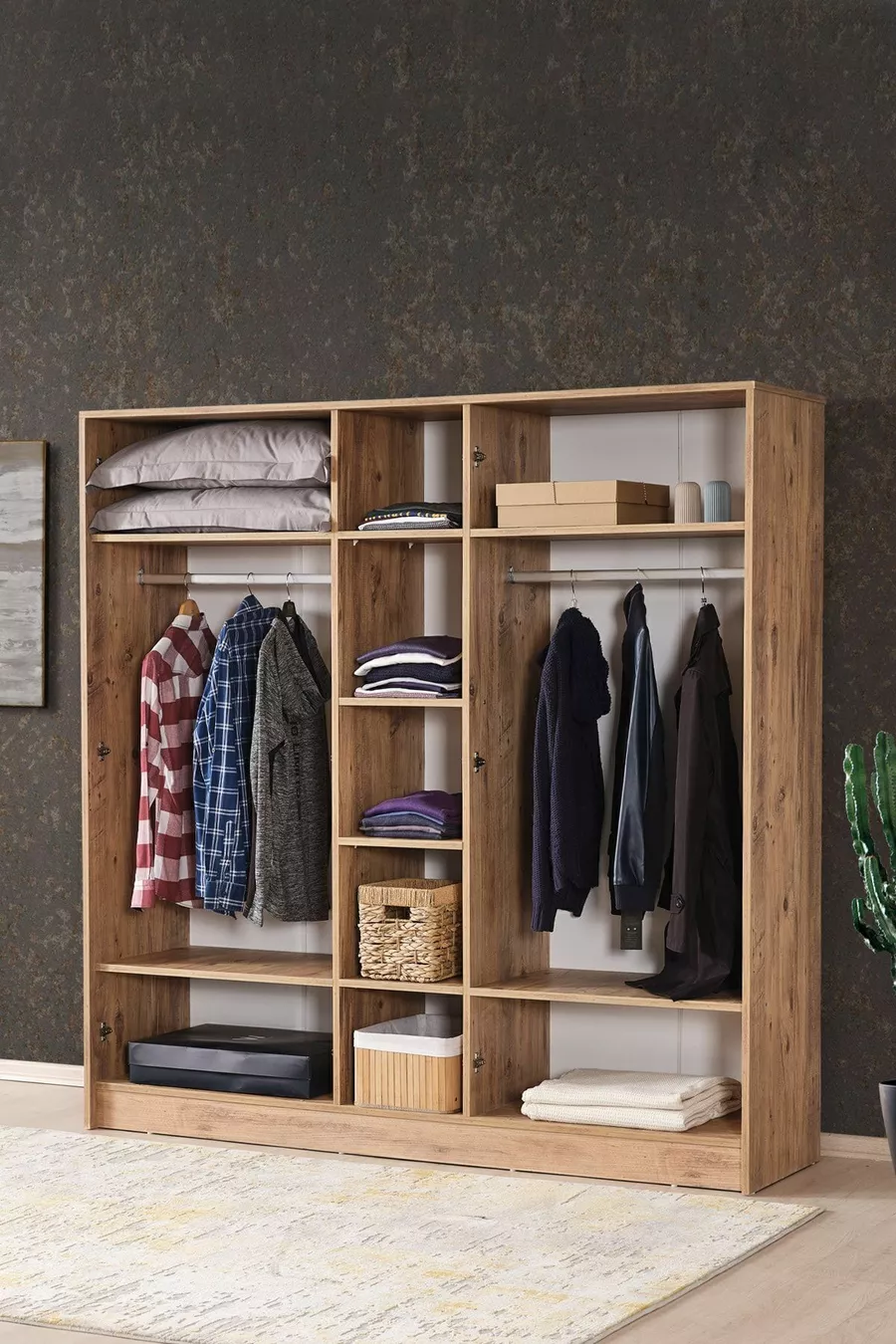 Armoire  Diva 5 portes avec étagères compartimentées et patères, pin atlantic et anthracite,  cm