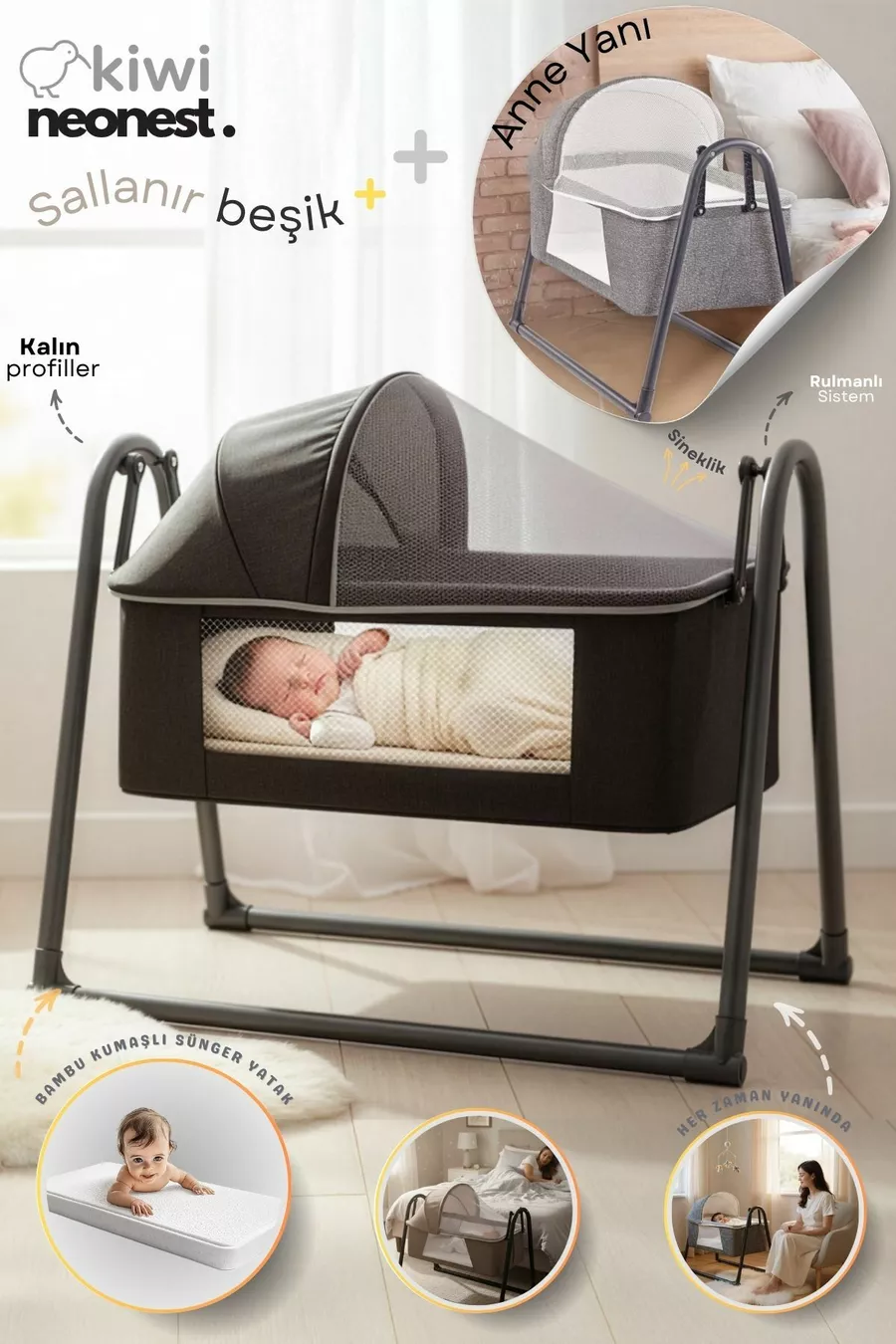 Berceau portatif en lin avec moustiquaire et auvent, se balance. Panier bébé