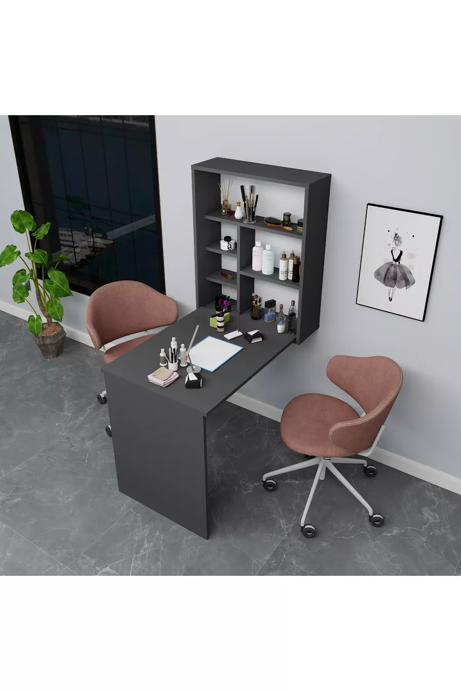 Tavolo da Manicure e Pedicure con Scaffale in Cedro, Antracite - Cedro