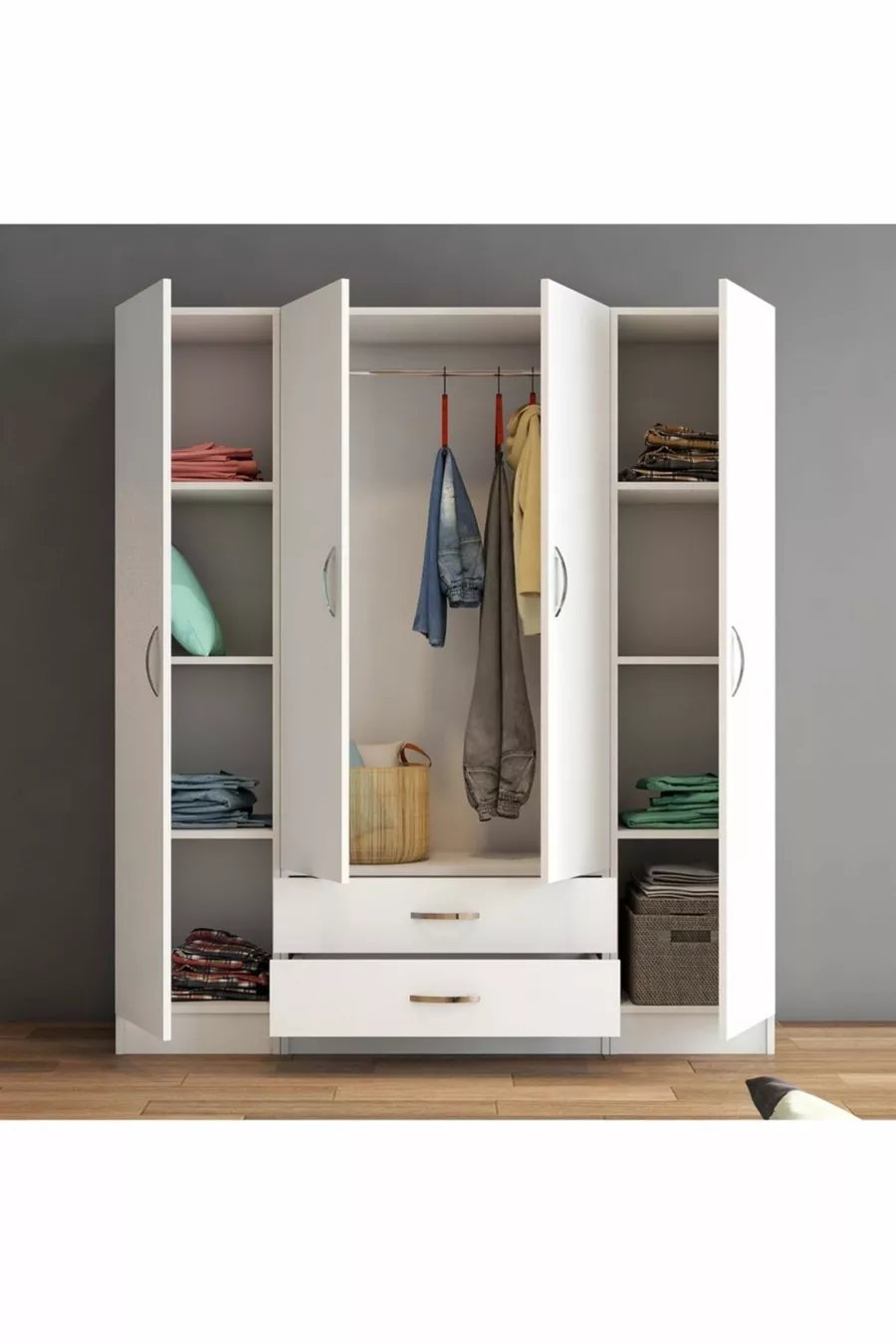 4-Door, 2-Drawer Wide Wardrobe White - 