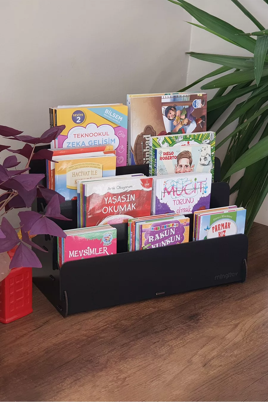 Mini Biblioteca Montessori Lucky per Bambini con 4 Ripiani in Legno, Libreria per Cameretta, Mini Libreria da Tavolo