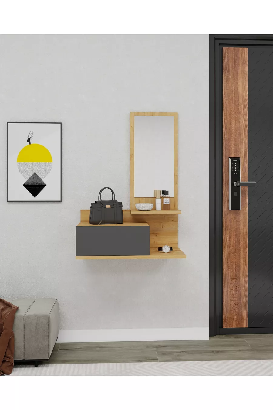 Rozella Wandgemonteerde Dressoir met Lade en Spiegel, Natuurlijk Eiken & Antraciet - Rozella