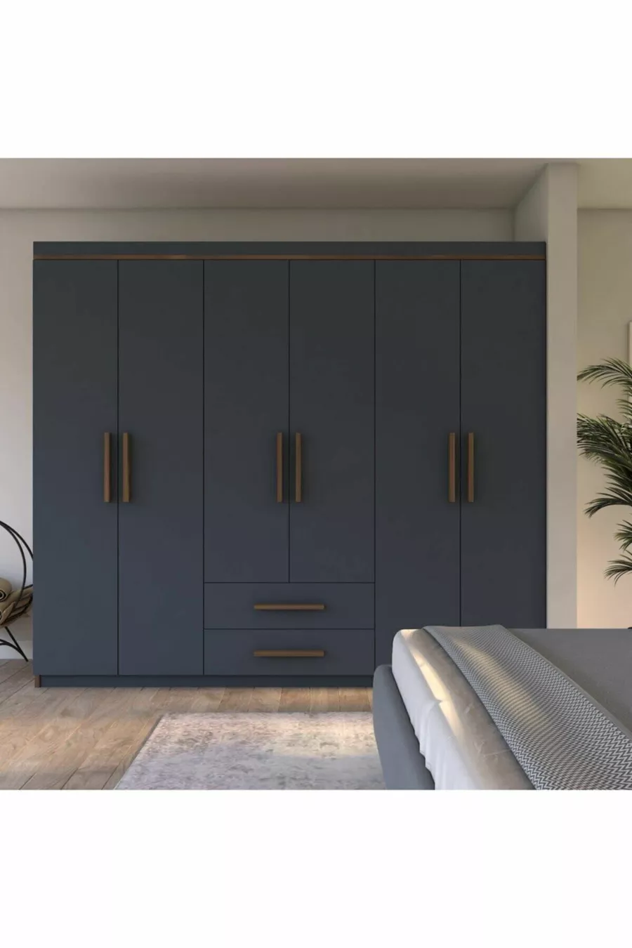  Lavinya Lux Armoire 6 Portes 2 Tiroirs Noyer-Anthracite Gris