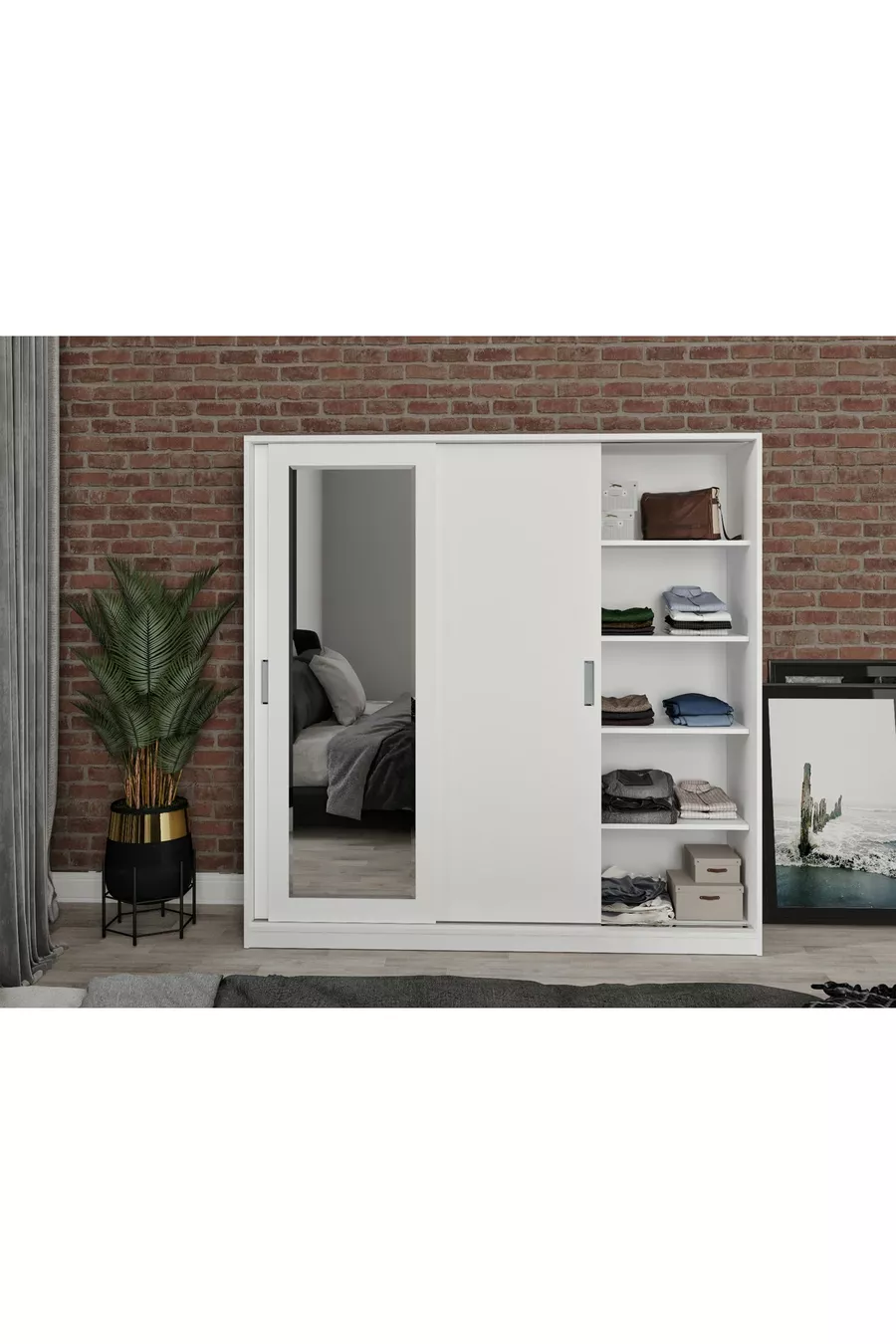 Armadio con specchio scorrevole in MDF Samira, bianco - MDF di prima qualità completa