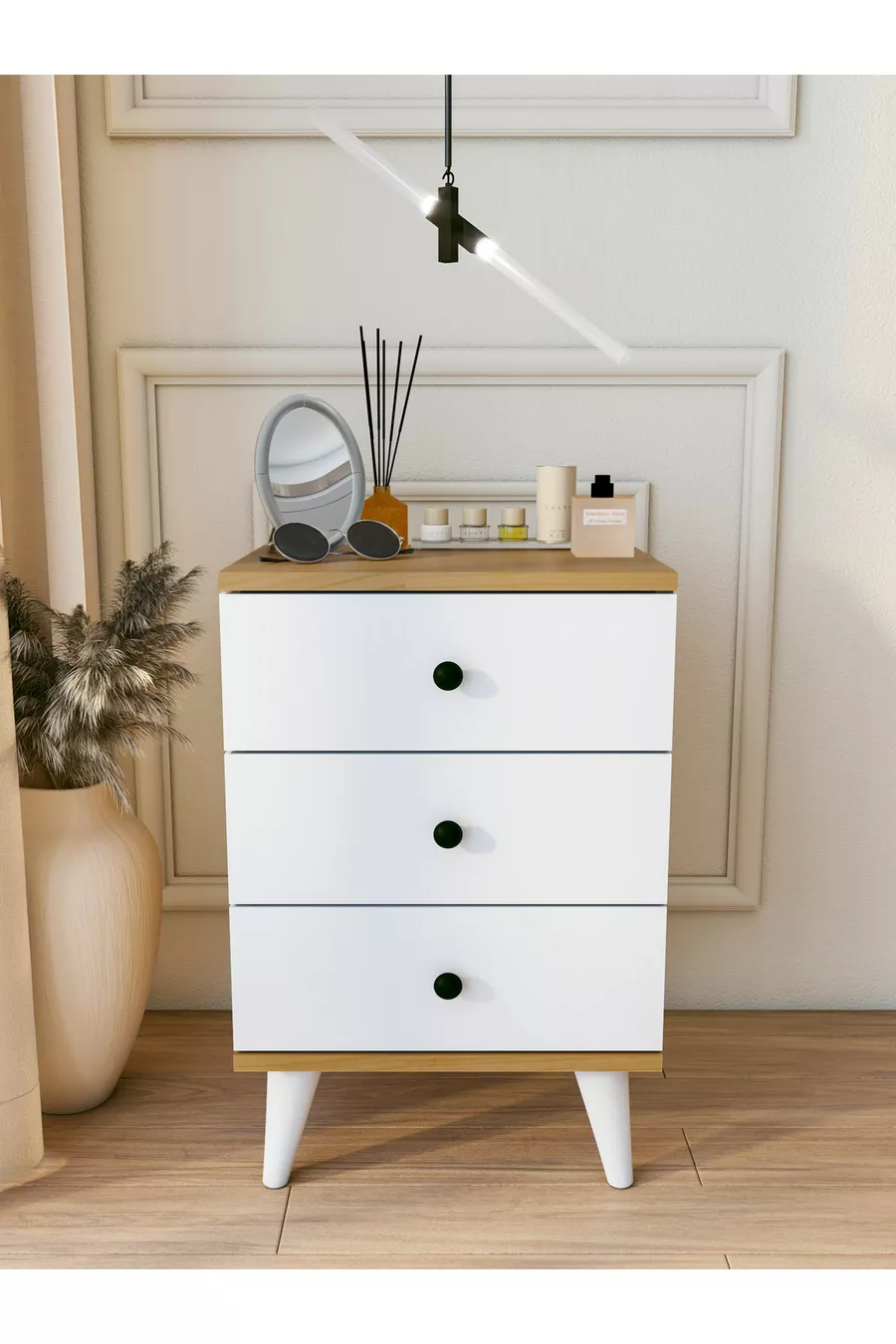 Table de chevet blanche brillante Marbella avec 3 tiroirs, table de chevet moderne pour chambre à coucher
