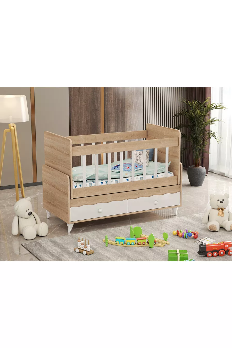 Berceau rétro en bois coloré avec tiroir et lit offert