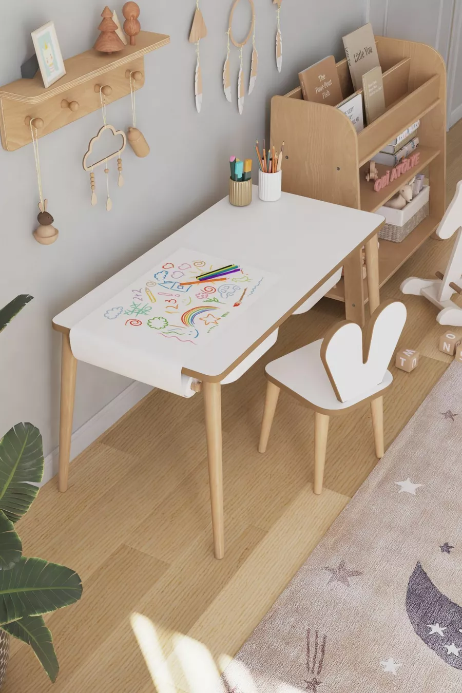 Table d'activité avec rouleau de papier à dessin, ensemble table et chaises lapin pour enfants