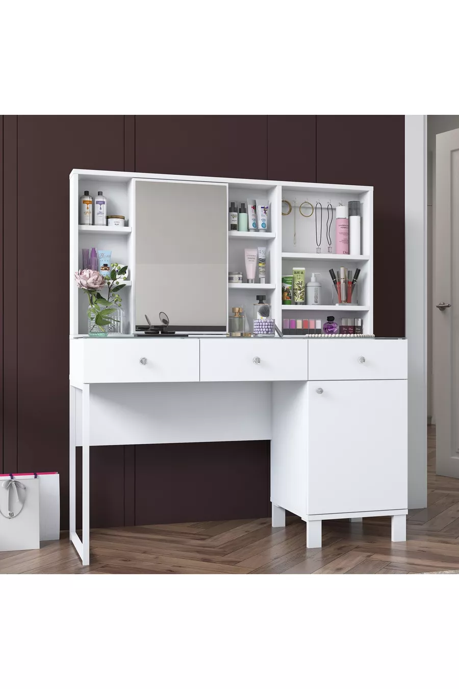 Rani Schminktisch mit Spiegeltür und Schublade, Schmuck-Organizer mit Haken, Weiß