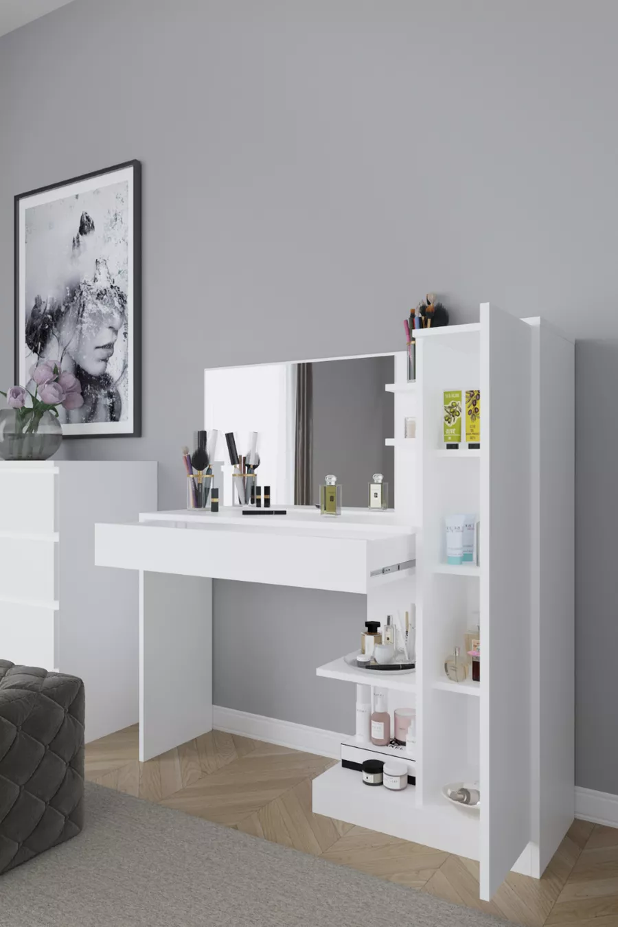 Orkide Makyaj Masası, 1 Çekmeceli, Dolaplı, Aynalı