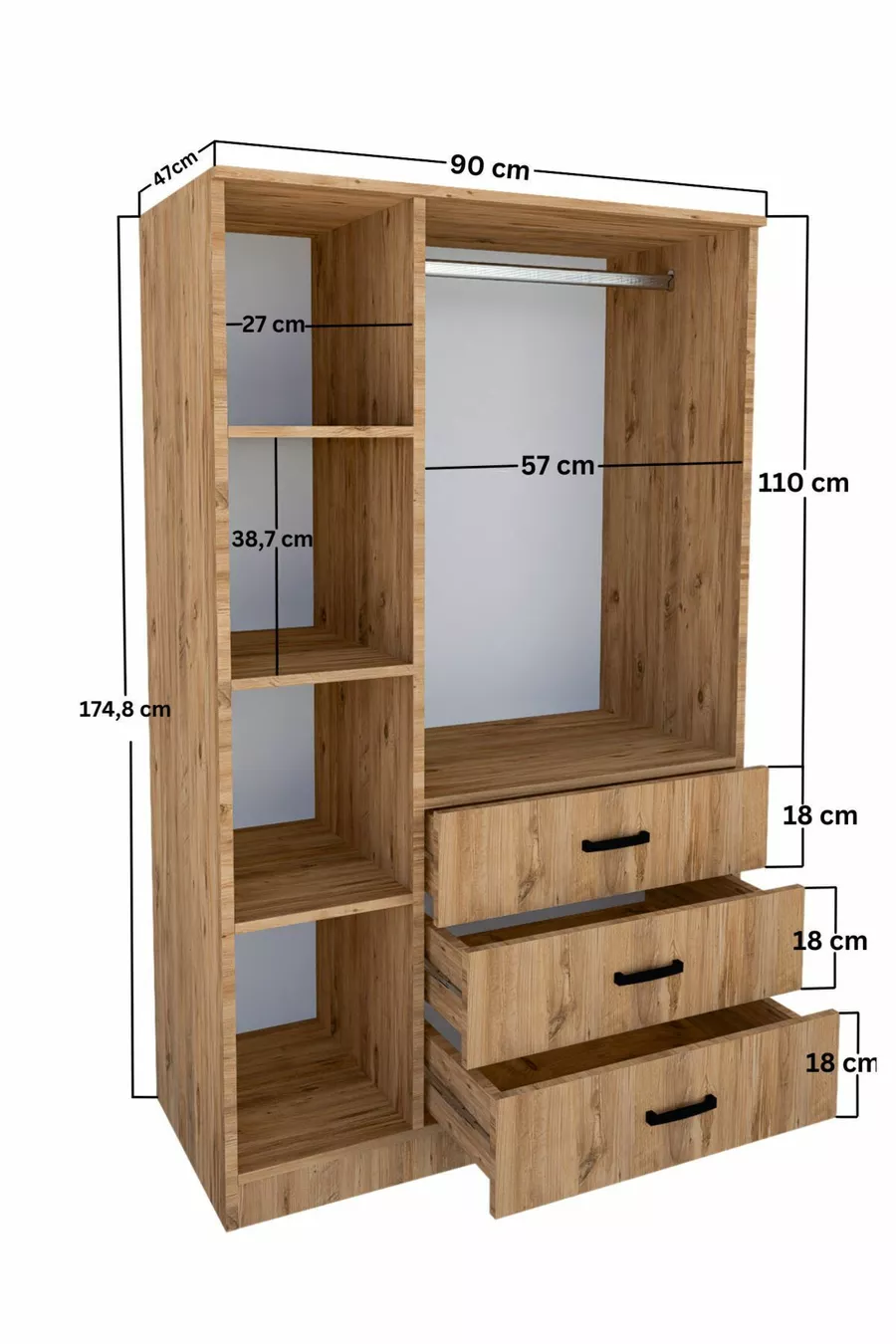 Easy Atlantik Çam 3 Kapılı 3 Çekmeceli Çok Amaçlı Elbise Dolabı