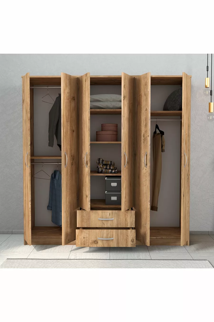 Armoire large Nisa 6 portes 2 tiroirs 7 étagères en pin - 