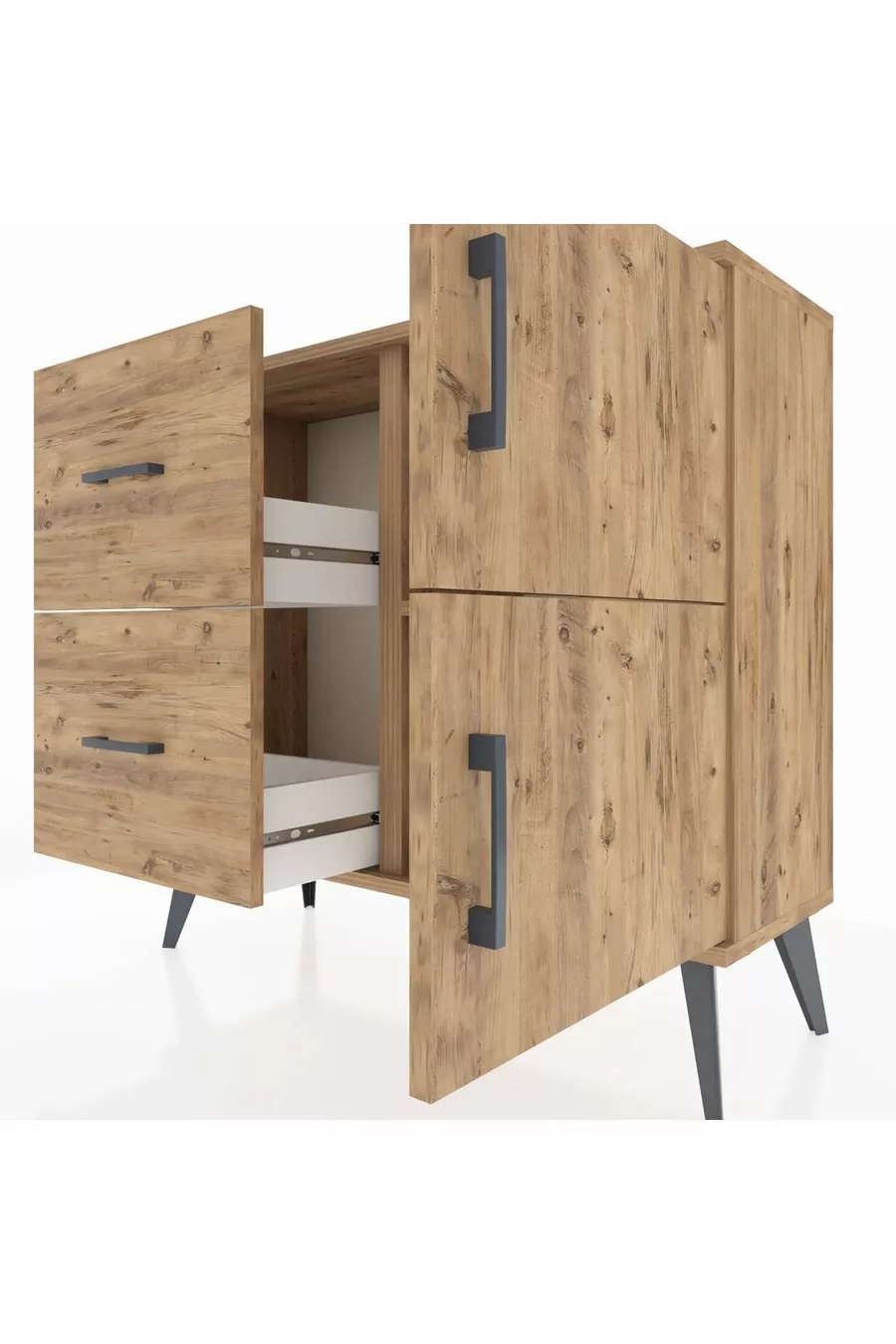 Commode Arges avec une étagère, 2 tiroirs et 2 portes, pin-pin
