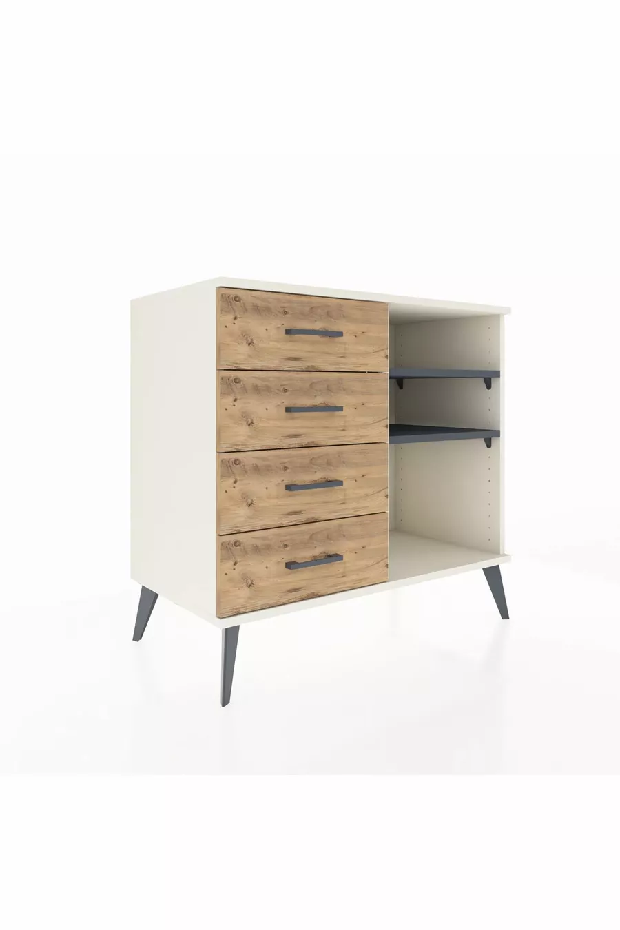 Commode Hyperion 2 étagères 4 tiroirs Pierre de lune-Anthracite/Sapin