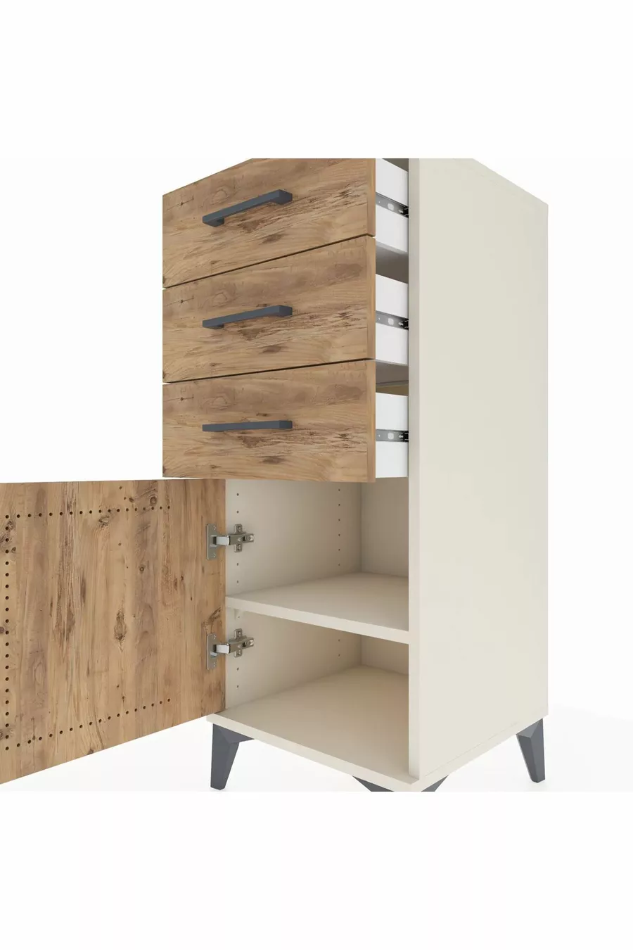 Commode Hyperion à une étagère, 3 tiroirs et une porte, Pierre de lune-Pin