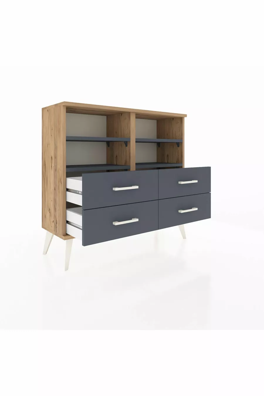 Commode Arges 4 étagères 4 tiroirs Pin-Anthracite