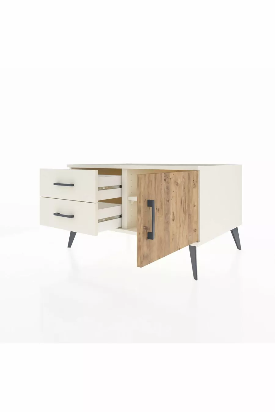 Commode Kronos à une étagère, 2 tiroirs et une porte, Pierre de Lune-Sapin/Pierre de Lune