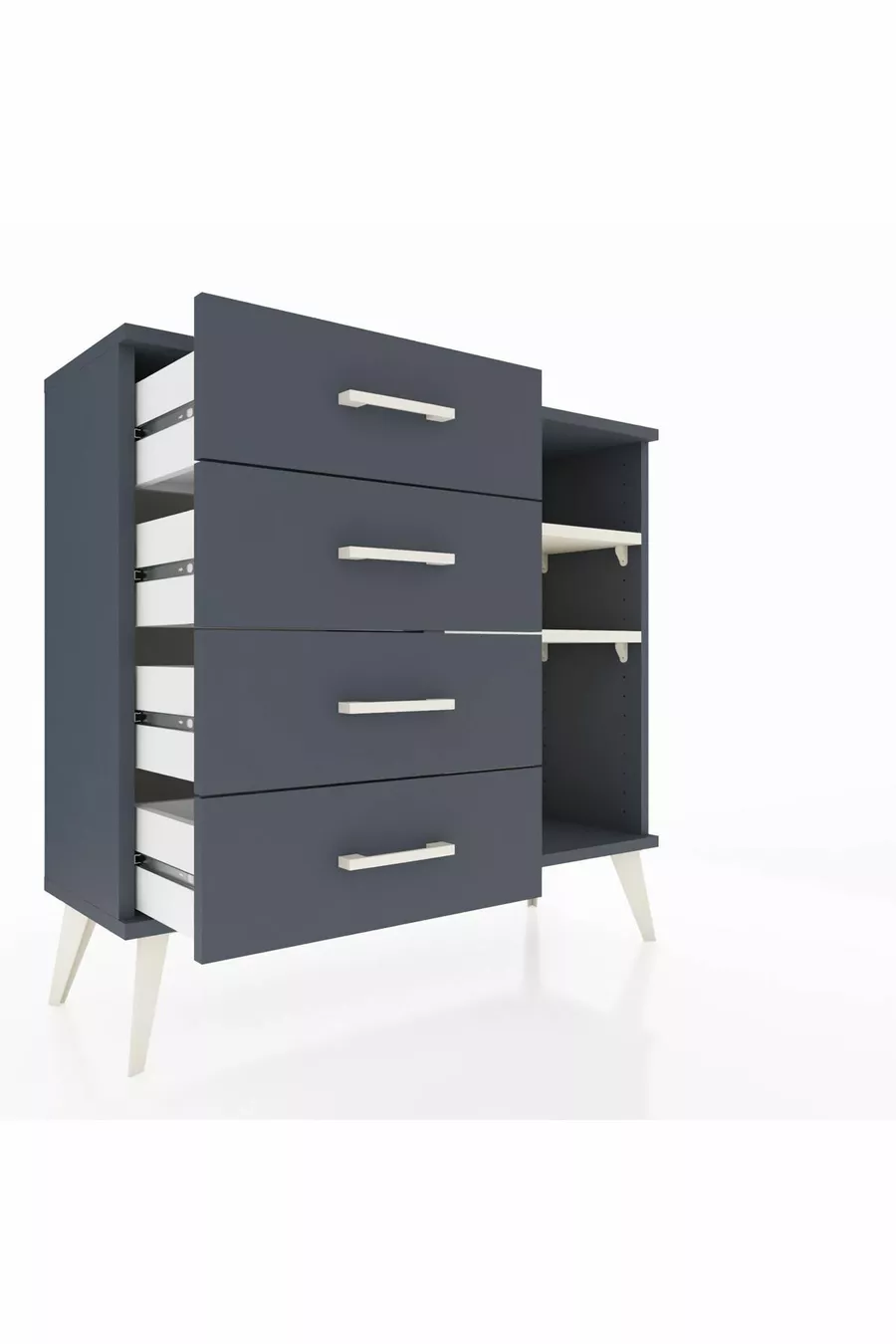 Commode Arges 2 étagères 4 tiroirs Anthracite- Pierre de lune/Anthracite