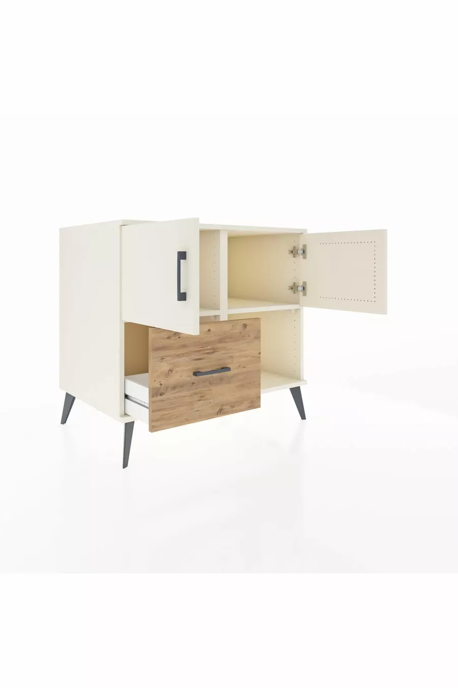 Commode Kronos à 2 étagères, 1 tiroir, 2 portes, Pierre de lune/Pierre de lune/Pin