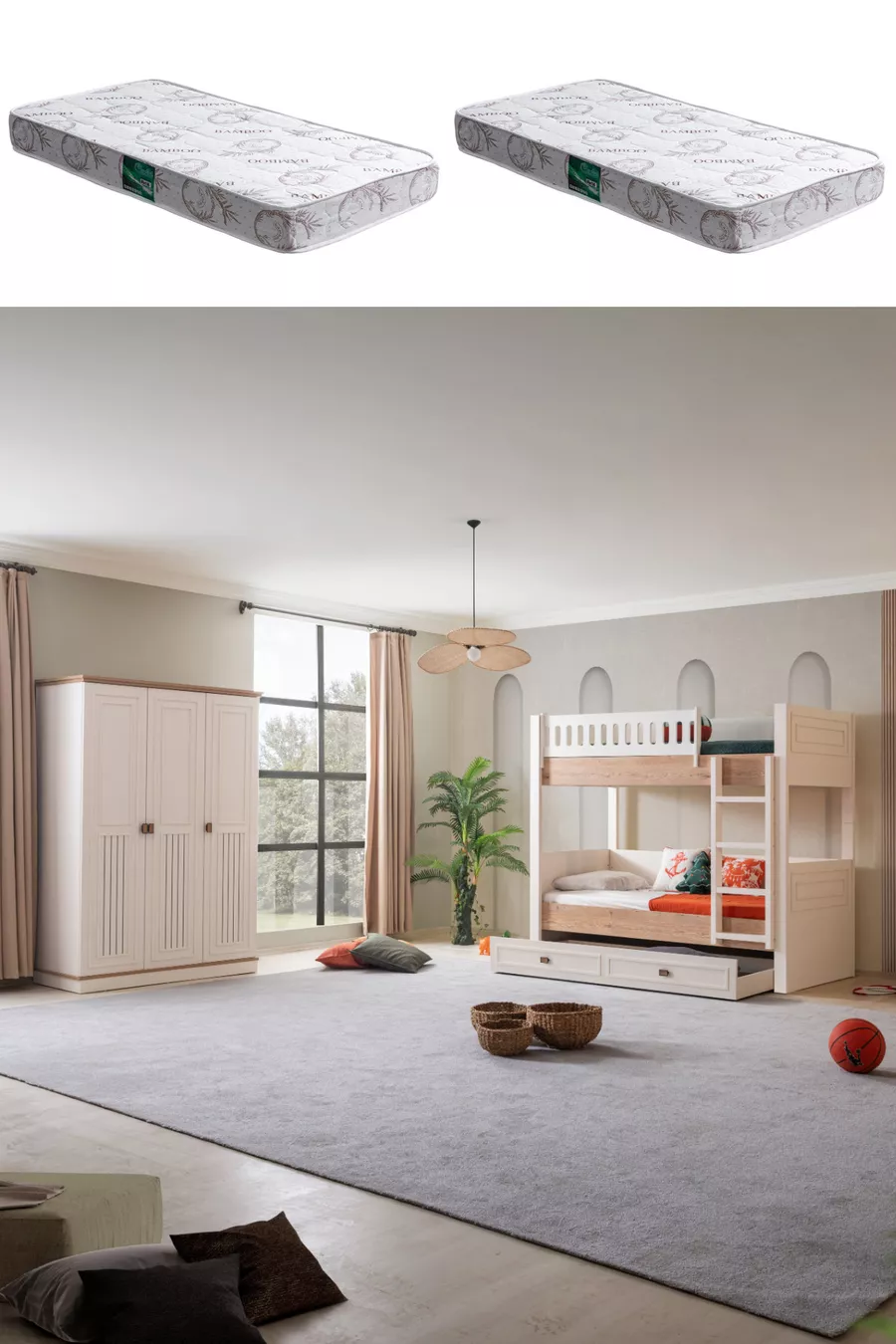 Кровать-чердак, шкаф Zenit Yavrulu с 3 дверцами, 2 матраса Comfort