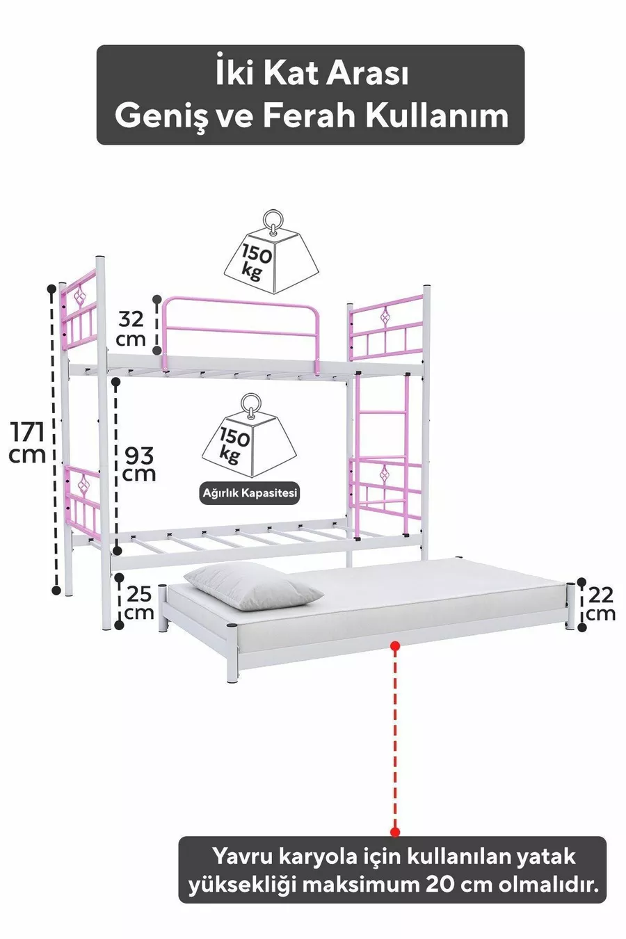 Lit superposé Koza avec tiroir pour 3 personnes, compatible avec matelas, métal rose clair