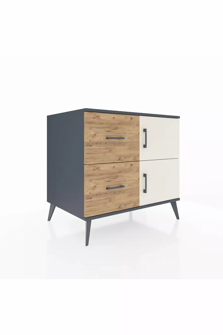 Commode Kronos à une étagère, 2 tiroirs, 2 portes, Anthracite-Pierre de Lune/Pin