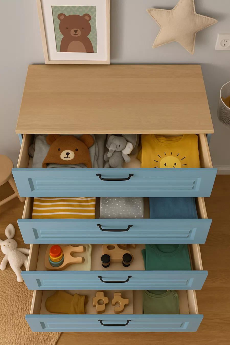 Commode bleue à tiroirs | Qualité MDF à 100 % | Portes avec revêtement REHAU | Pieds en bois