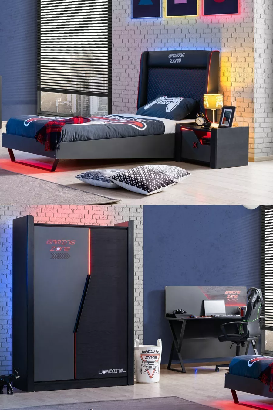 Chambre d'ado avec thème gamer - Armoire à 2 portes, Lit, Table de chevet, Bureau