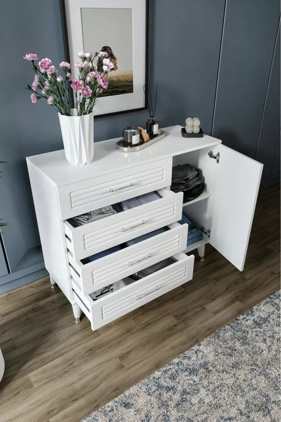 Panjurlu 4 Çekmeceli 1 Kapaklı Şifonyer Modern Tasarım, MDF Kapak, Beyaz Gümüş