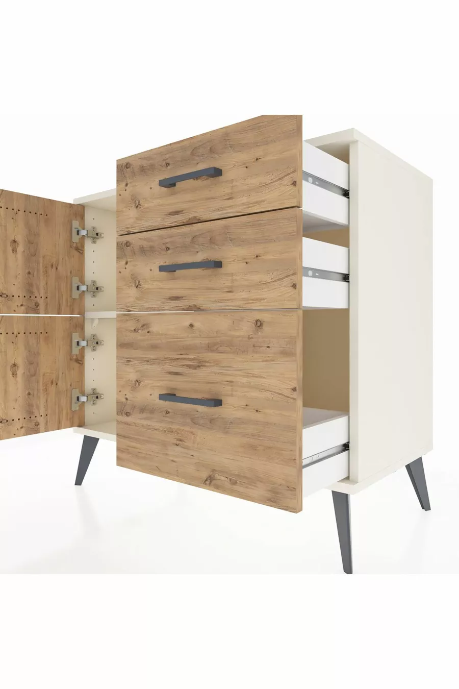 Commode Hyperion à une étagère, 3 tiroirs et 2 portes, Pierre de lune-Pin