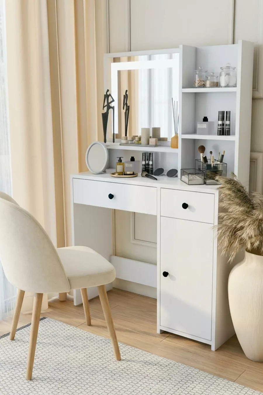 Coiffeuse Blanche avec Tiroirs, Étagère pour Accessoires et Bijoux, Miroir Spécial avec LED