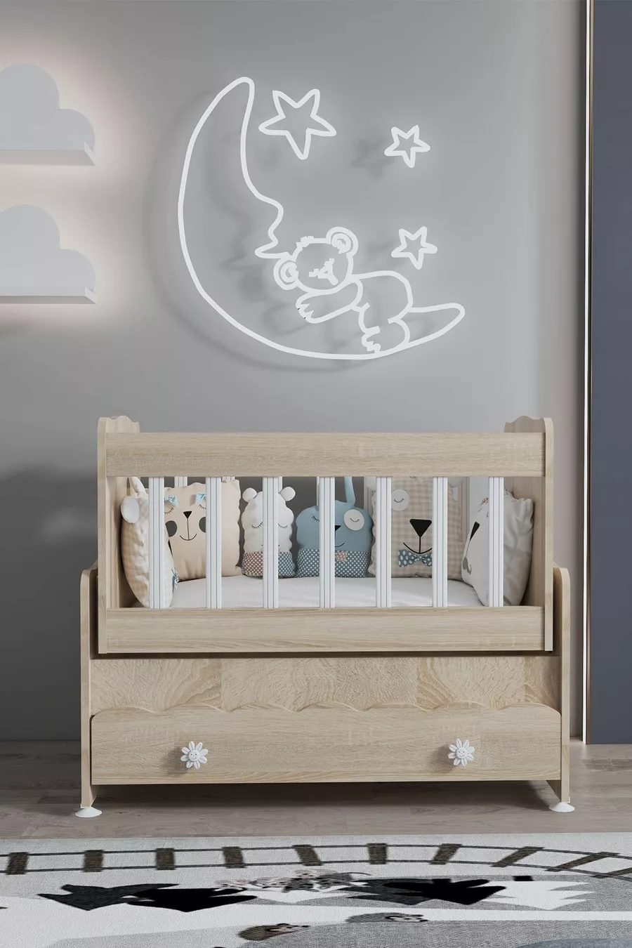 Cradle with Drawer That Rocks Mother with Bed as a Gift
