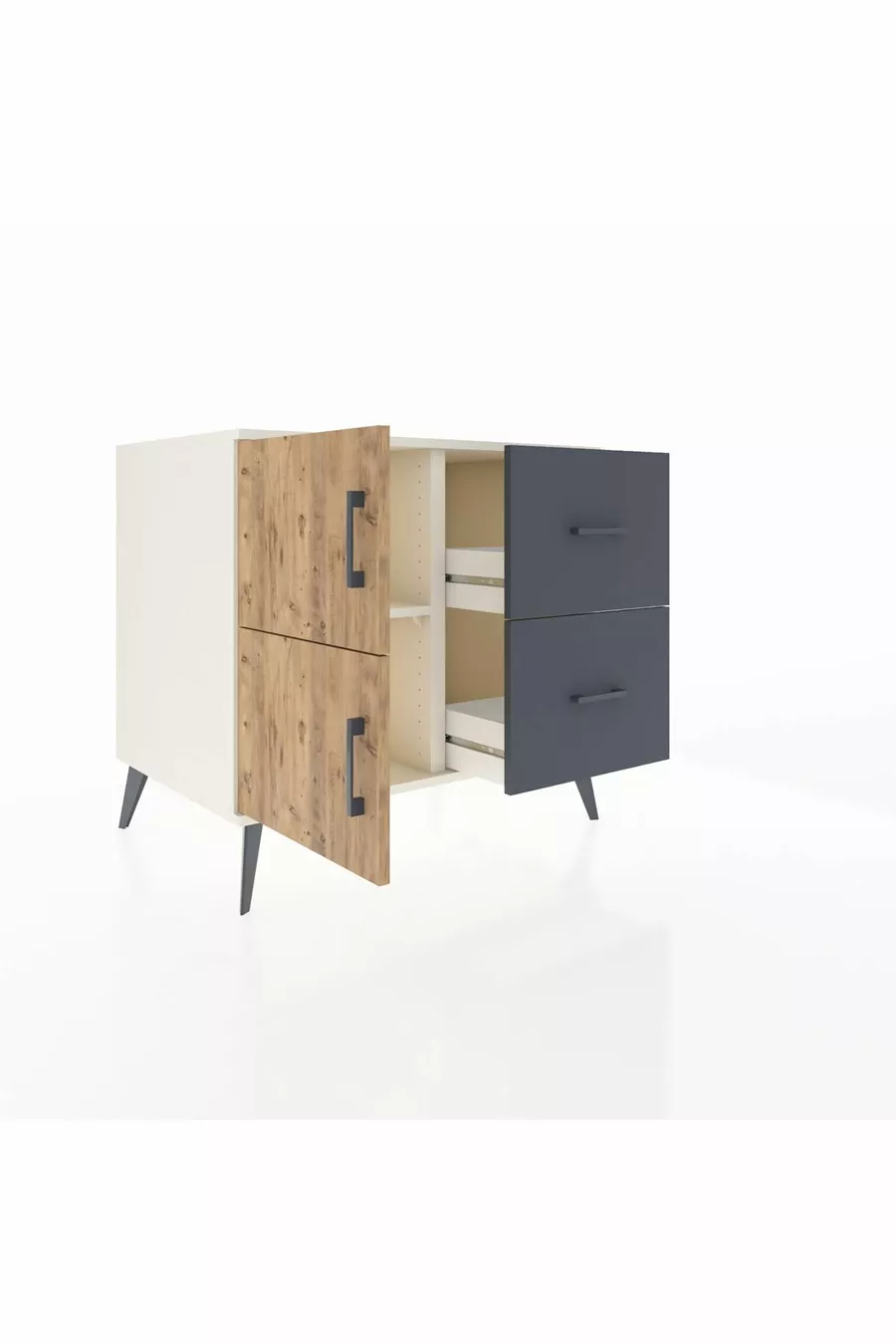 Commode Kronos à une étagère, 2 tiroirs, 2 portes, Pierre de lune/Pin/Anthracite