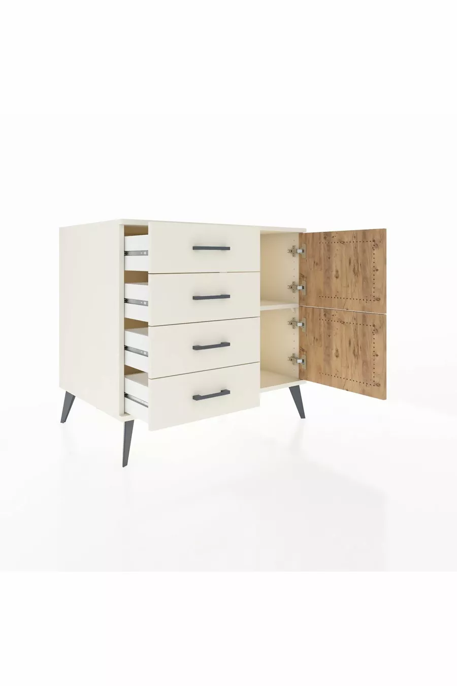 Commode Kronos à une étagère, 4 tiroirs, 2 portes, Pierre de Lune/Pin