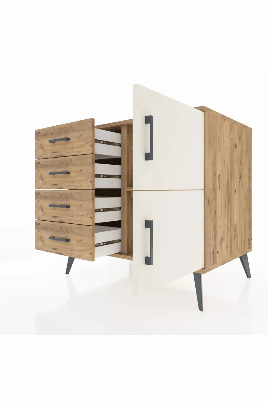 Kronos Kommode mit einem Regal, 4 Schubladen und 2 Türen Kiefer-Achat/Kiefer