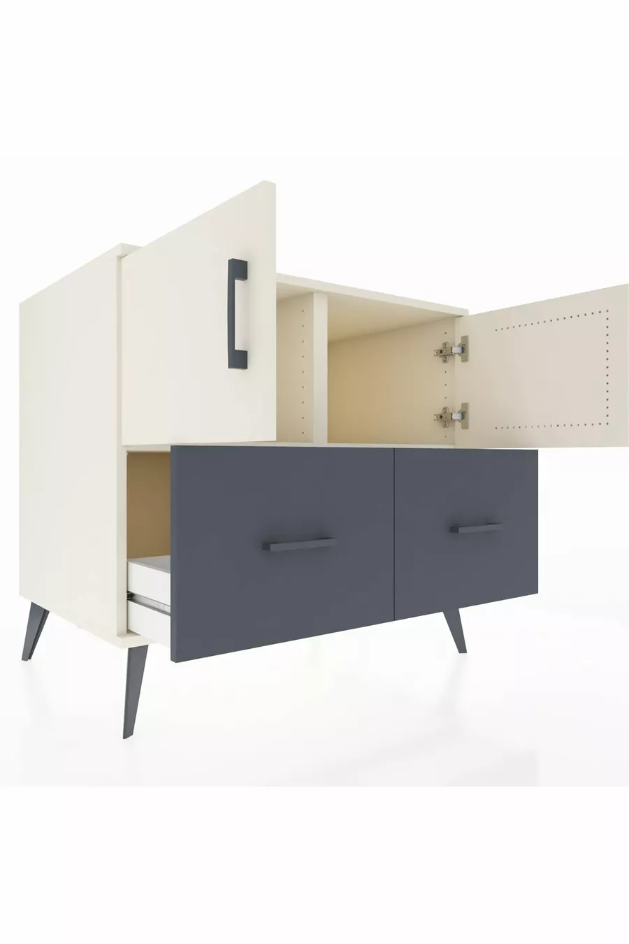 Commode Kronos avec 2 étagères, 2 tiroirs et 2 portes, Pierre de Lune/Anthracite