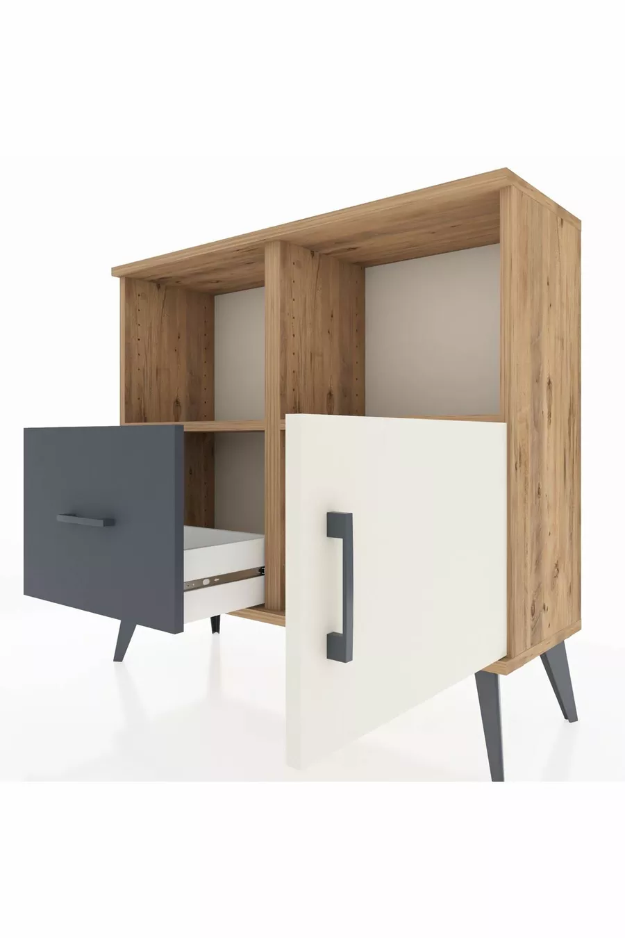 Commode Arges avec 2 étagères, 1 tiroir et 1 porte, en pin-pierre d'âme/antracite