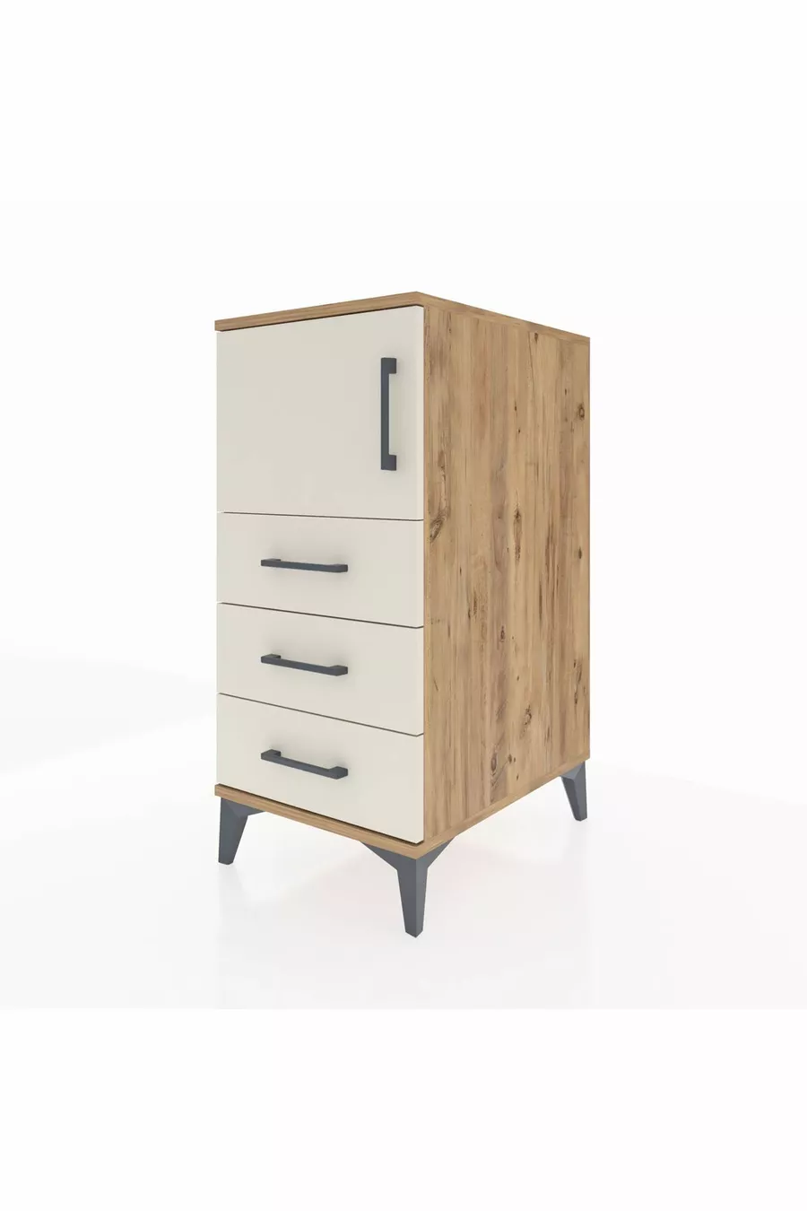 Table de chevet Kronos avec une étagère, 3 tiroirs et une porte, pin-gris